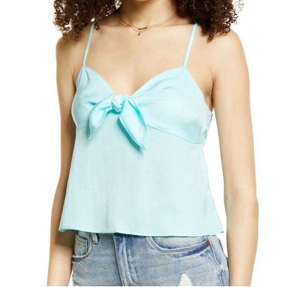 Bp Women's Teal Paradise Bow Tie Cut out smocked back cami top blouse Sz M - Picture 1 of 6